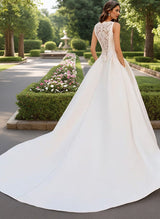 Satin Chapel Train Wedding Dress Lace Bows-Dbrbridal