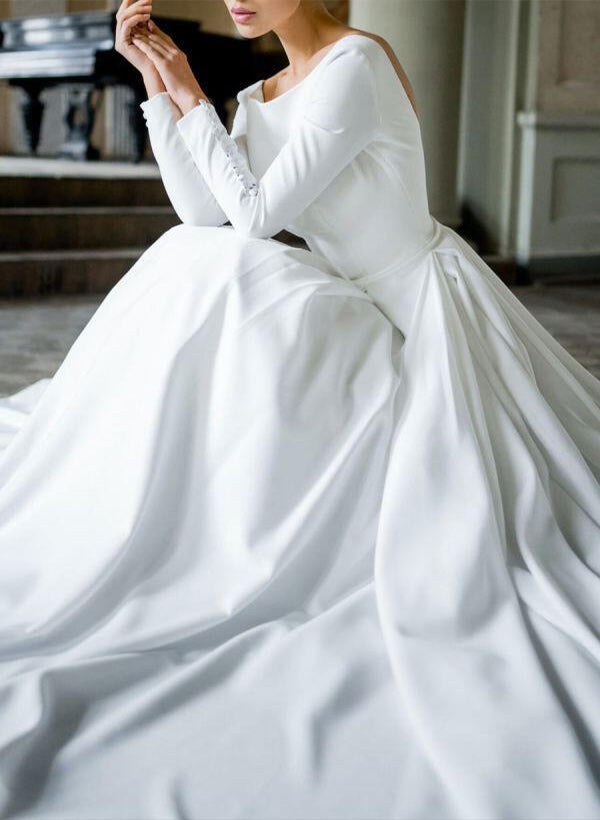 Satin Court Train Wedding Dress Chic A-line Princess Style Long Sleeve Dbrbridal Satin Court Train Wedding Dress Chic A-line Princess Style Long Sleeve Dbrbridal