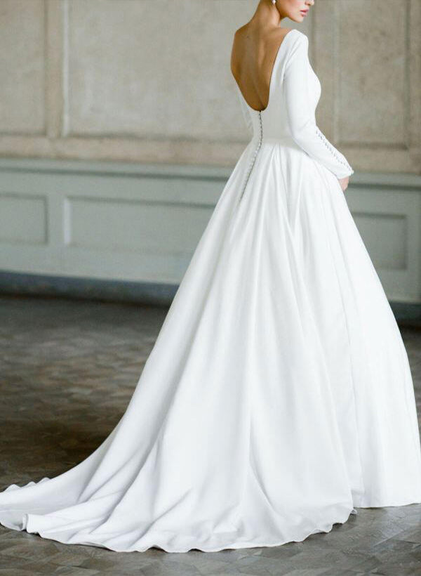 Satin Court Train Wedding Dress Chic A-line Princess Style Long Sleeve Dbrbridal Satin Court Train Wedding Dress Chic A-line Princess Style Long Sleeve Dbrbridal