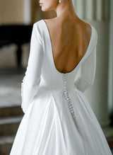 Satin Court Train Wedding Dress Chic A-line Princess Style Long Sleeves Scoop Neck-Dbrbridal