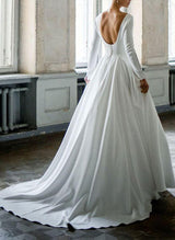 Satin Court Train Wedding Dress Chic A-line Princess Style Long Sleeves Scoop Neck-Dbrbridal