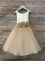 Satin Jewel Neck Sleeveless Flowers Ankle Length Sash Kids Party Dresses-Dbrbridal