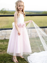 Satin Jewel Neck Sleeveless Flowers Ankle Length Sash Kids Party Dresses-Dbrbridal