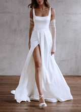 Satin Wedding Dress Chic A-line Square Neckline Sleeveless Court Train Split Front-Dbrbridal