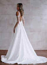 Satin Wedding Dress Chic A-line Square Neckline Sleeveless Court Train Split Front-Dbrbridal