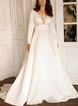 Satin Wedding Dresses Long Sleeves Sweep Train for Plus Size Chic A-line Fit-Dbrbridal