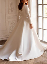 Satin Wedding Dresses Long Sleeves Sweep Train for Plus Size Chic A-line Fit-Dbrbridal
