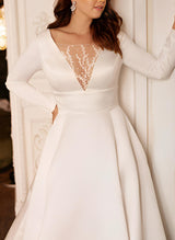 Satin Wedding Dresses Long Sleeves Sweep Train for Plus Size Chic A-line Fit-Dbrbridal