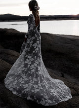 Scoop Neck Long Sleeves Court Train Lace Wedding Dresses Mermaid Fitted Style-Dbrbridal