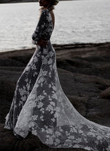 Scoop Neck Long Sleeves Court Train Lace Wedding Dresses Mermaid Fitted Style-Dbrbridal