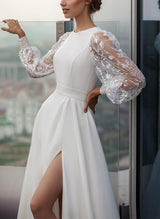 Scoop Neck Long Sleeves Wedding Dresses Split Front-Dbrbridal