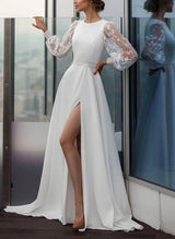 Scoop Neck Long Sleeves Wedding Dresses Split Front-Dbrbridal
