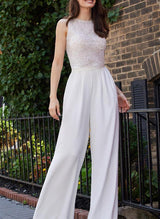 Scoop Neck Silk Like Satin Sequined Wedding Jumpsuit Dresses-Dbrbridal