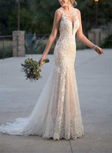 Scoop Neck Sleeveless Lace Mermaid Fitted Wedding Dress Sweep Train-Dbrbridal