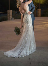 Scoop Neck Sleeveless Lace Mermaid Fitted Wedding Dress Sweep Train-Dbrbridal