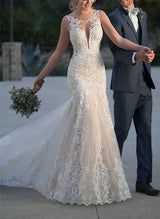 Scoop Neck Sleeveless Lace Mermaid Fitted Wedding Dress Sweep Train-Dbrbridal