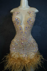 Scoop Sleeveless Short Prom Dresses With Crystal Beadings and Feathers-Dbrbridal