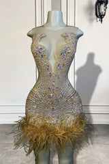 Scoop Sleeveless Short Prom Dresses With Crystal Beadings and Feathers-Dbrbridal