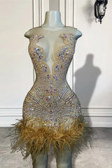 Scoop Sleeveless Short Prom Dresses With Crystal Beadings and Feathers-Dbrbridal