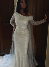 Sequin Long Sleeve Wedding Dress Asymmetrical Neck-Dbrbridal