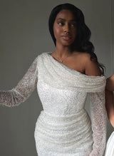 Sequin Long Sleeve Wedding Dress Asymmetrical Neck-Dbrbridal