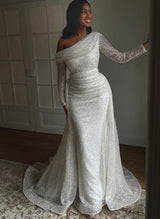 Sequin Long Sleeve Wedding Dress Asymmetrical Neck-Dbrbridal