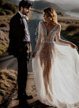 Sequin V-Neck Long Sleeves Boho Garden Wedding Dress Sweep Train-Dbrbridal