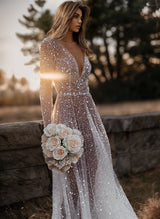 Sequin V-Neck Long Sleeves Boho Garden Wedding Dress Sweep Train-Dbrbridal