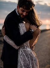 Sequin V-Neck Long Sleeves Boho Garden Wedding Dress Sweep Train-Dbrbridal