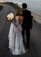 Sequin V-Neck Long Sleeves Boho Garden Wedding Dress Sweep Train-Dbrbridal