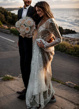 Sequin V-Neck Long Sleeves Boho Garden Wedding Dress Sweep Train-Dbrbridal