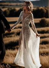 Sequin V-Neck Long Sleeves Boho Garden Wedding Dress Sweep Train-Dbrbridal