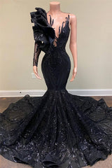 Sequined Black Scoop Neck Long Sleeve Mermaid Prom Dresses-Dbrbridal