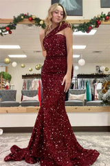 Sequined Burgundy One Shoulder Sleeveless Mermaid Prom Dress-Dbrbridal