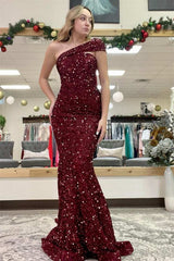 Sequined Burgundy One Shoulder Sleeveless Mermaid Prom Dress-Dbrbridal