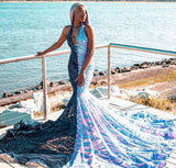 Sequined Lace Mermaid Prom Dresses in Dark Green and Ocean Blue Halter Sleeveless-Dbrbridal