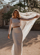 Sequined Long Sleeves Scoop Neck Wedding Dress-Dbrbridal