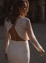 Sequined Long Sleeves Scoop Neck Wedding Dress-Dbrbridal