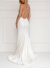 Sequined Mermaid Fitted V-Neck Sleeveless Wedding Dresses Open Back-Dbrbridal