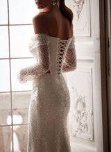 Sequined Wedding Dress Sparkly Sheath One-Shoulder Long Sleeves Sweep Train-Dbrbridal