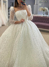 Sequined Wedding Dresses Ball-Gown Square Neckline Long Sleeves-Dbrbridal