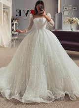 Sequined Wedding Dresses Ball-Gown Square Neckline Long Sleeves-Dbrbridal