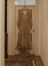 Sequined Wedding Dresses Chic A-line V-Neck Long Sleeves Sweep Train-Dbrbridal