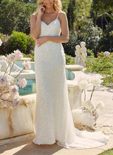 Sequined Wedding Dresses Elegant Sheath Fitted V-Neck Sleeveless Cowl Back-Dbrbridal