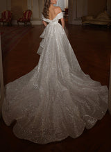 Sequined Wedding Dresses Off-The-Shoulder Sleeveless Court Train-Dbrbridal