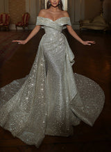 Sequined Wedding Dresses Off-The-Shoulder Sleeveless Court Train-Dbrbridal