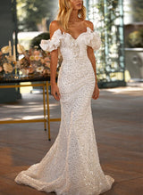 Sequined Wedding Dresses Ruffle Mermaid Fitted Off-The-Shoulder-Dbrbridal