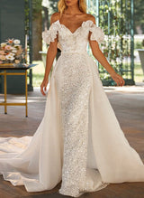 Sequined Wedding Dresses Ruffle Mermaid Fitted Off-The-Shoulder-Dbrbridal