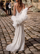 Sequined Wedding Dresses Sparkly V-Neck Sleeveless Design Sweep Train-Dbrbridal