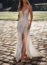Sequined Wedding Dresses Sparkly V-Neck Sleeveless Design Sweep Train-Dbrbridal